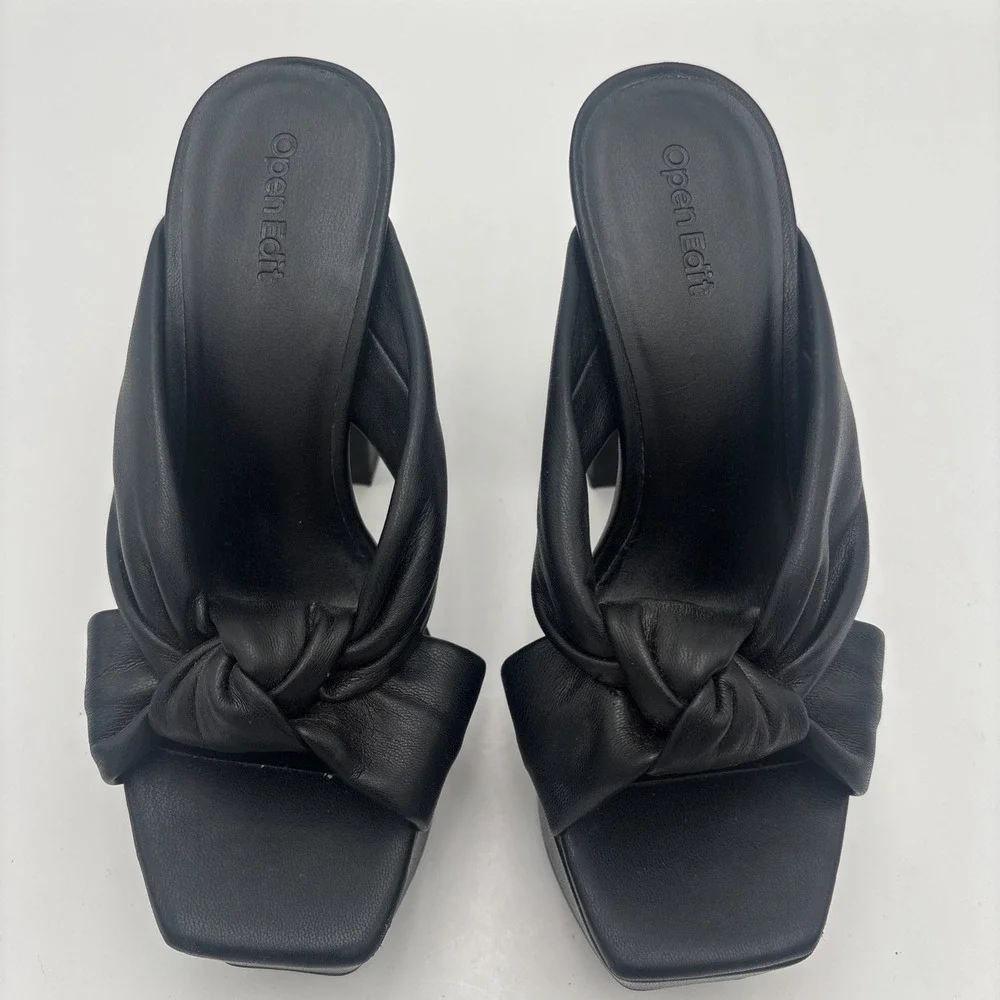 Open Edit Platform Sandals Size 6.5 Black Square Open‎ Toe Knotted Heels